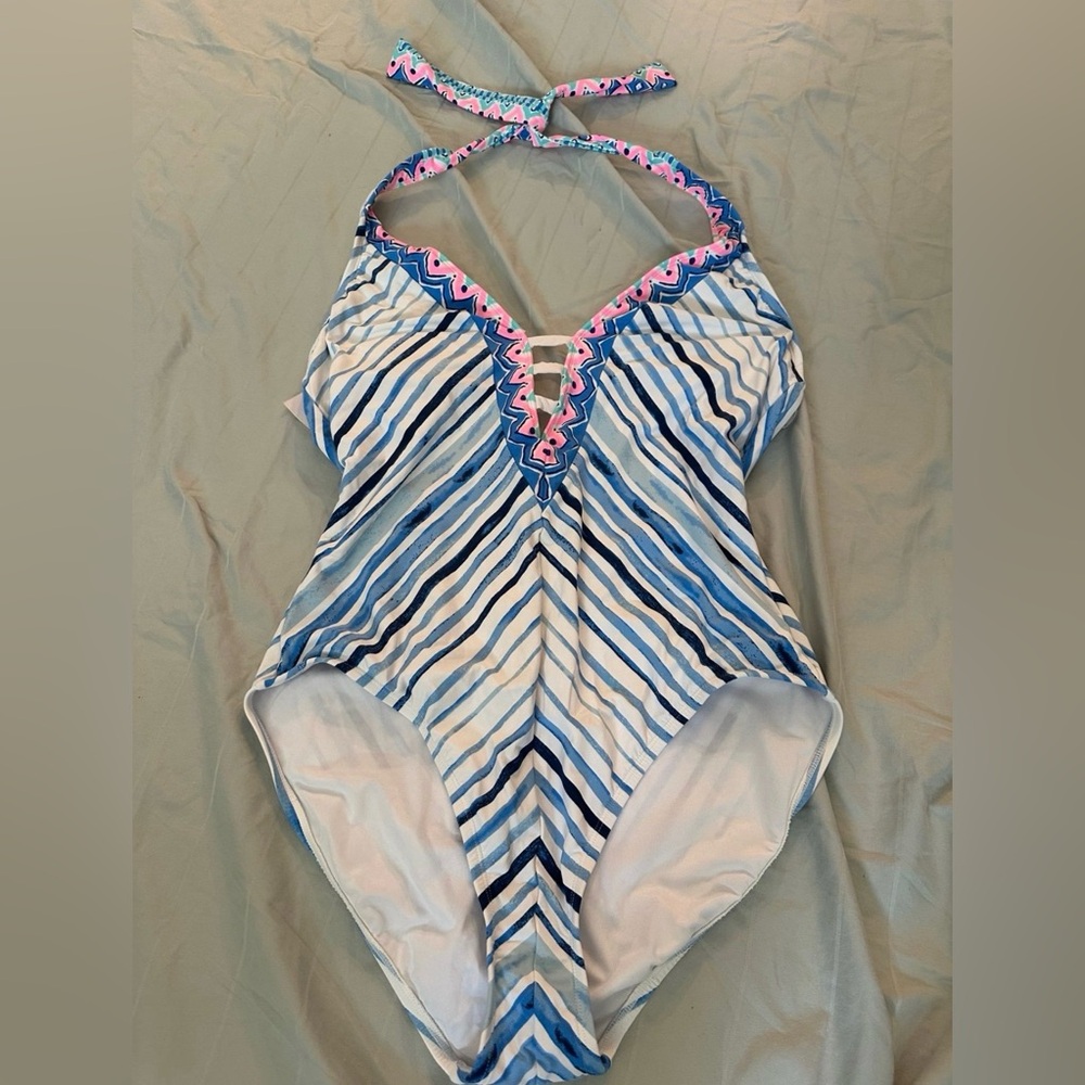 Lilly Pulitzer Striped Blue Halter One-Piece Swimsuit with Pink Trim